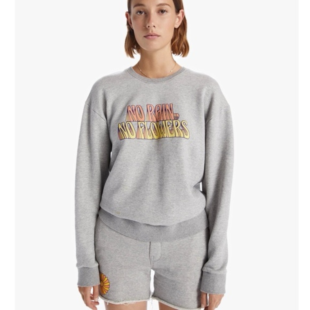 MOTHER Gray Crew Neck Sweater with Multicolor Graphic No Rain No Flowers small